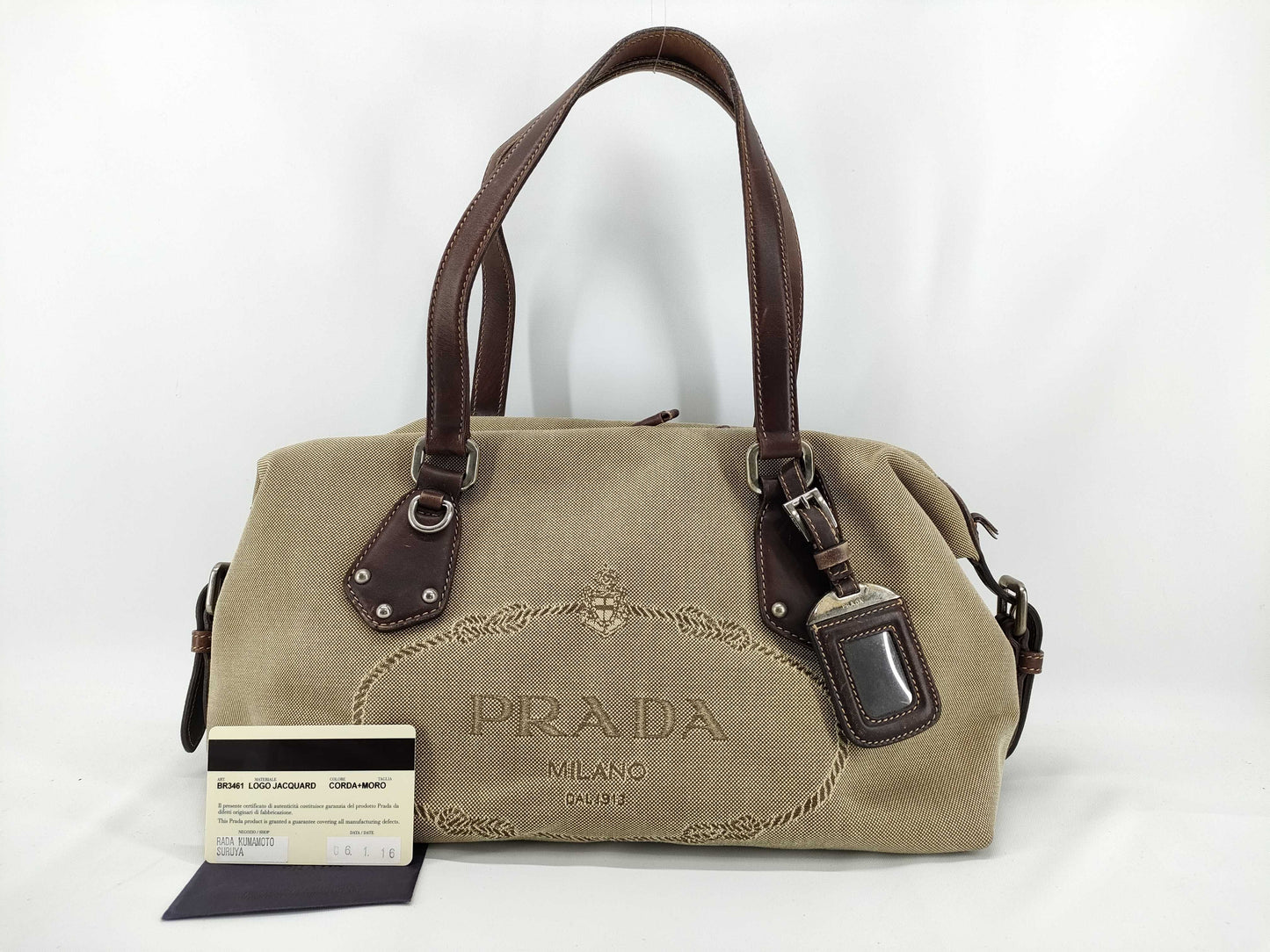 PRADA Canvas x Leather Handbag BR3461 Brown x Beige Handbag