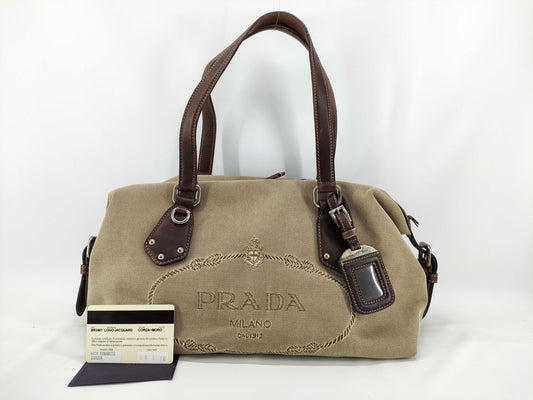 PRADA Canvas x Leather Handbag BR3461 Brown x Beige Handbag