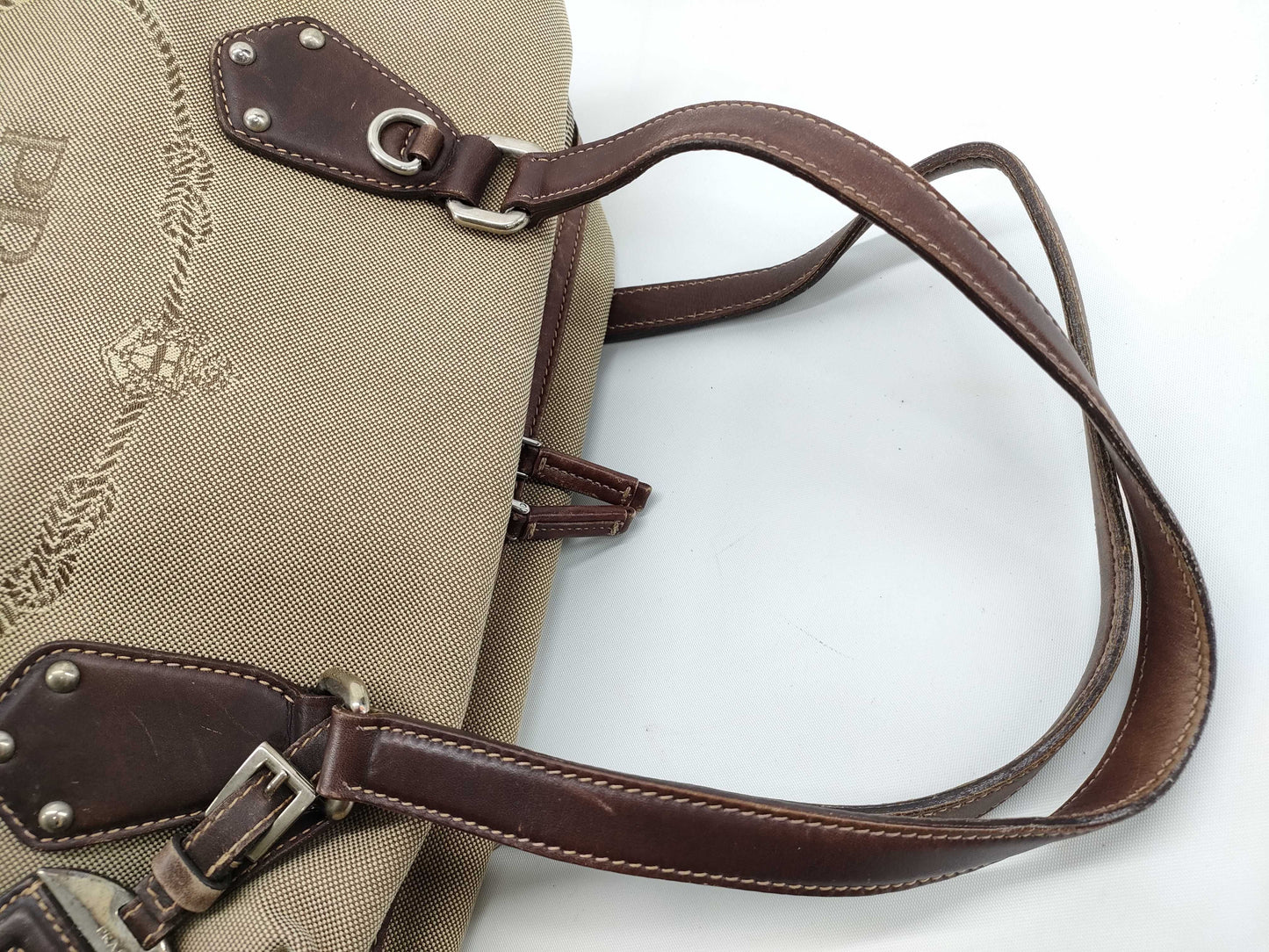 PRADA Canvas x Leather Handbag BR3461 Brown x Beige Handbag