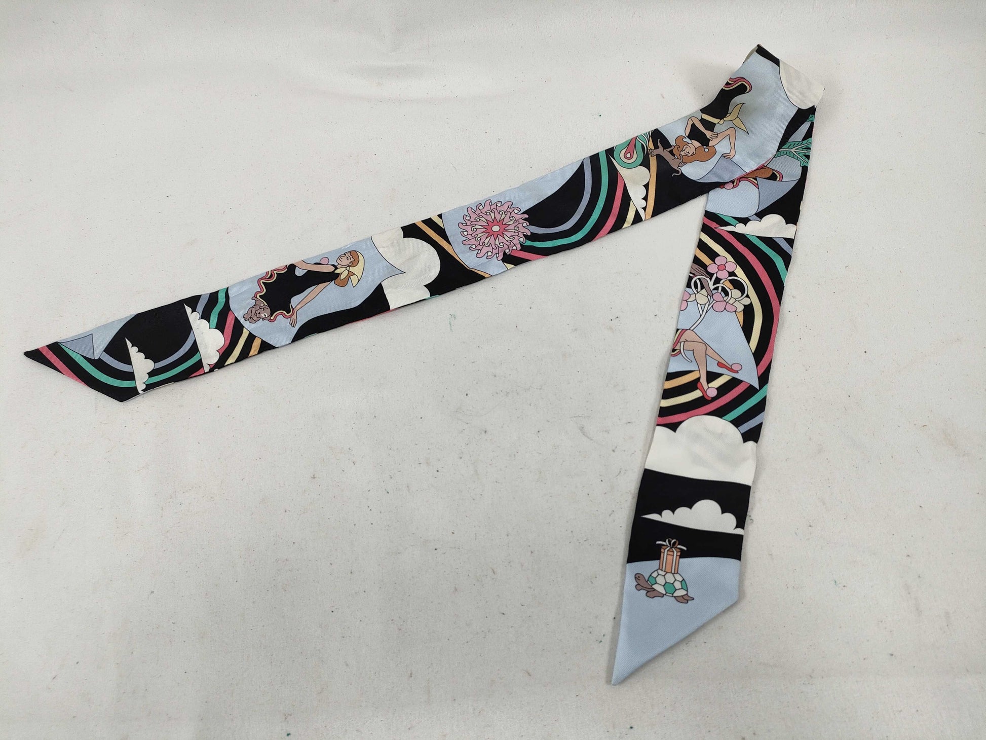 HERMES Twiley Hermes Twely Flying Boyfriend Silk Scarf Light Blue x Black Other Accessories