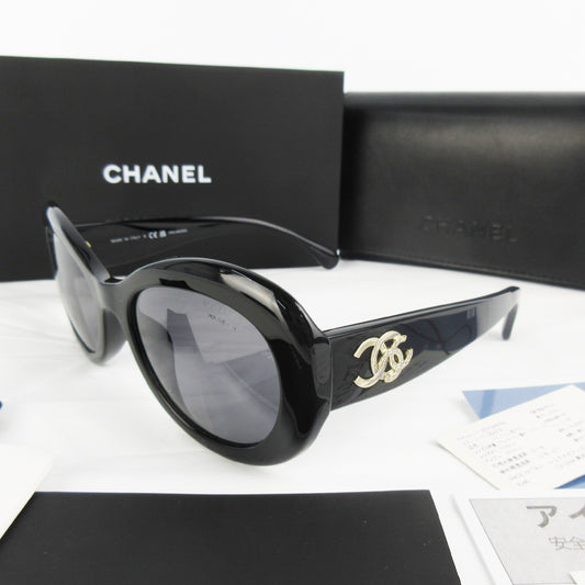 CHANEL Eyewear Oval CC Double Coco Mark Rhinestone 5469-B-A Black Black Gold Fittings Sunglasses Glasses
