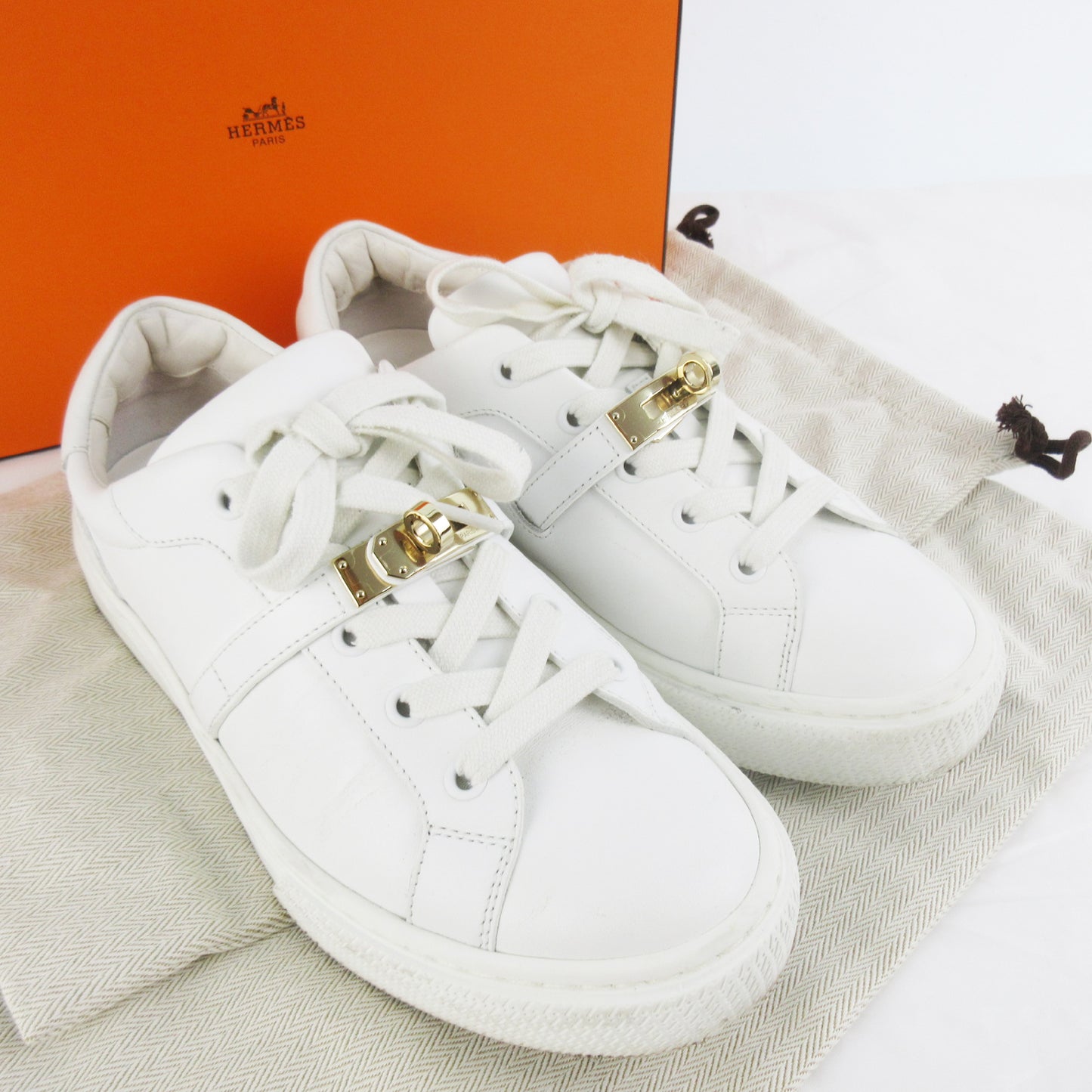 HERMES DAY Kelly Buckle with Gold Hardware Protective Seal 37 1/2 White White Sneakers
