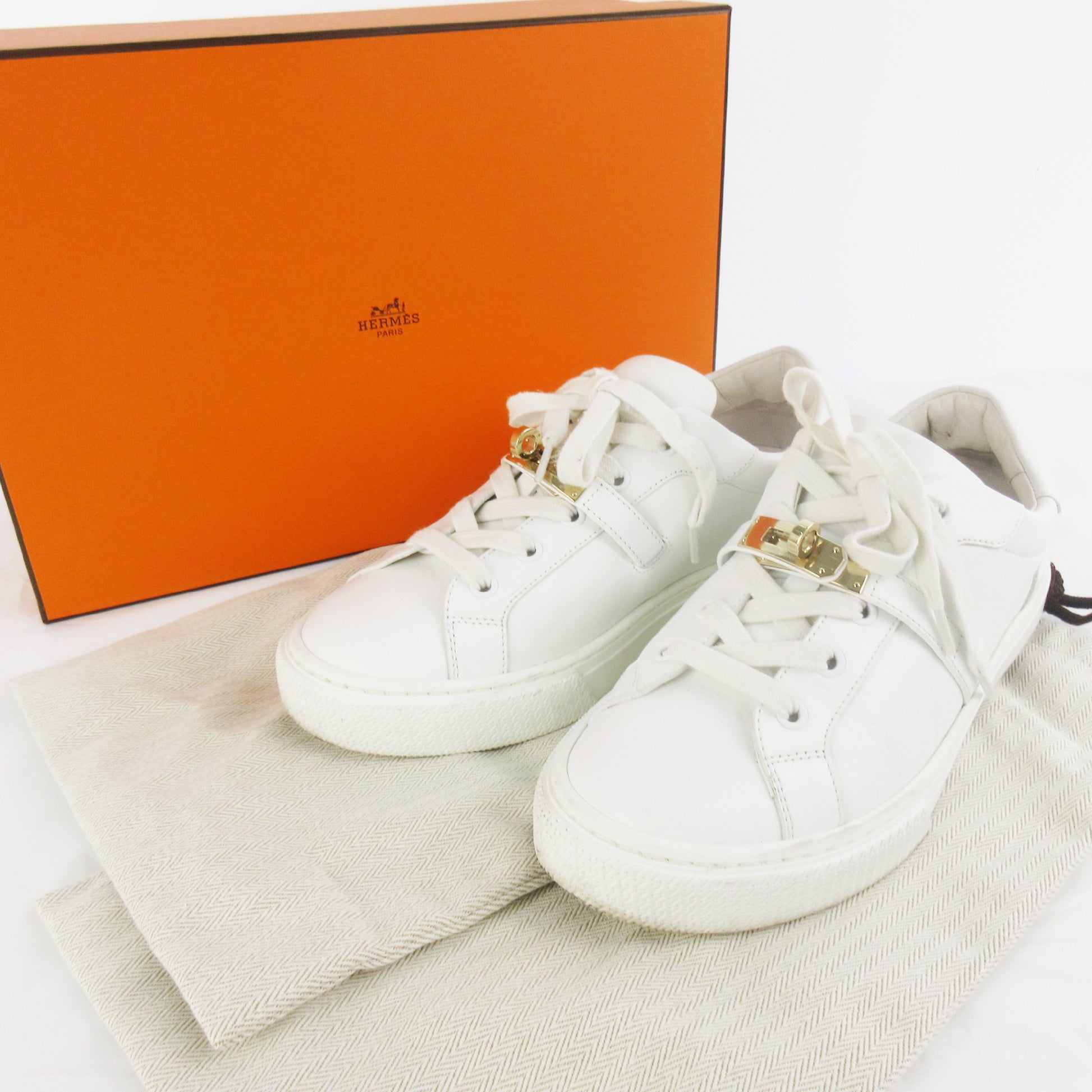 HERMES DAY Kelly Buckle with Gold Hardware Protective Seal 37 1/2 White White Sneakers