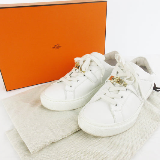 HERMES DAY Kelly Buckle with Gold Hardware Protective Seal 37 1/2 White White Sneakers