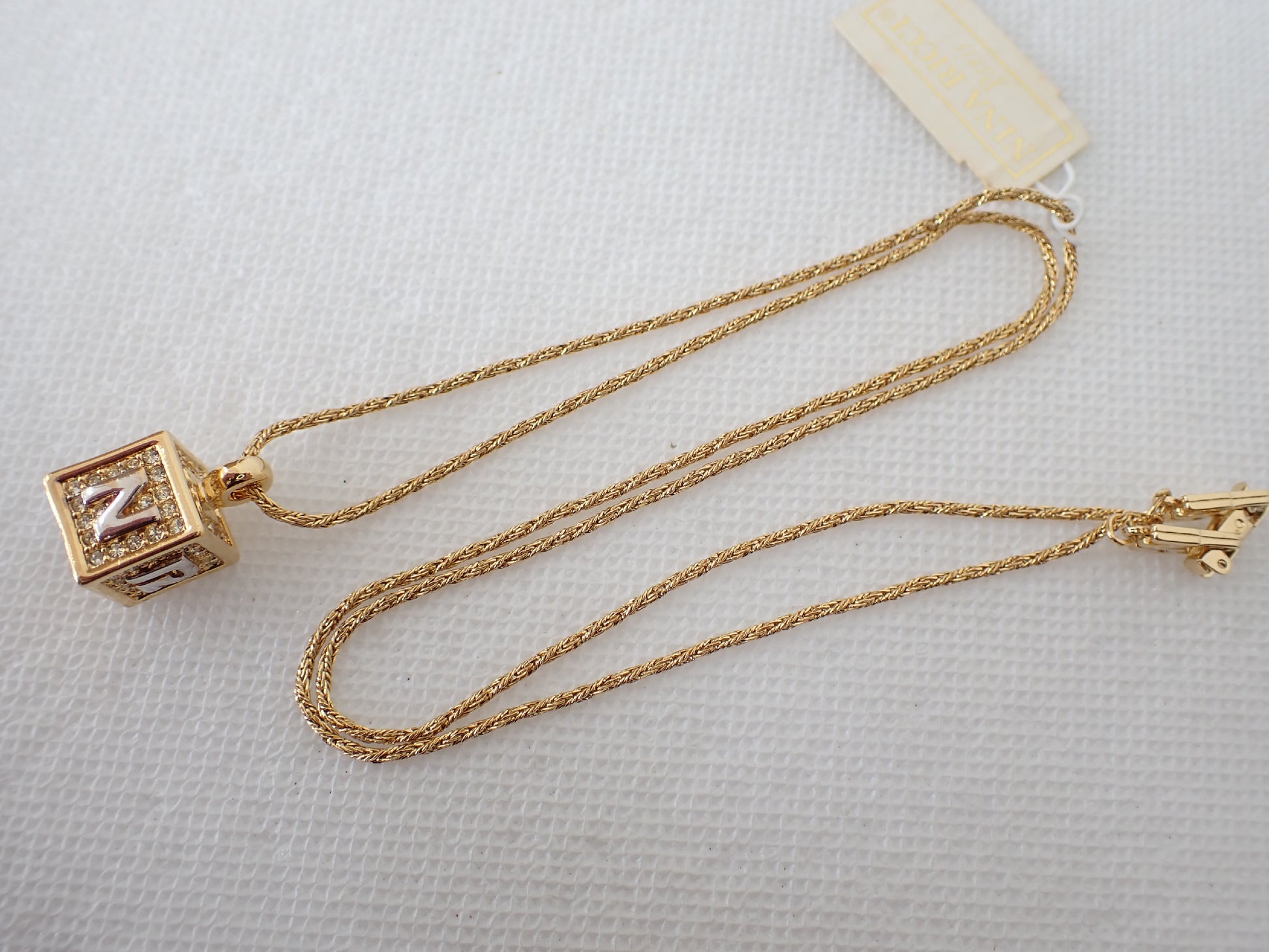 NINA RICCI NINA RICCI Nina Ricci Cube/Square Necklace with 3D Logo, Gold and Silver Combination Rhinestone Necklace