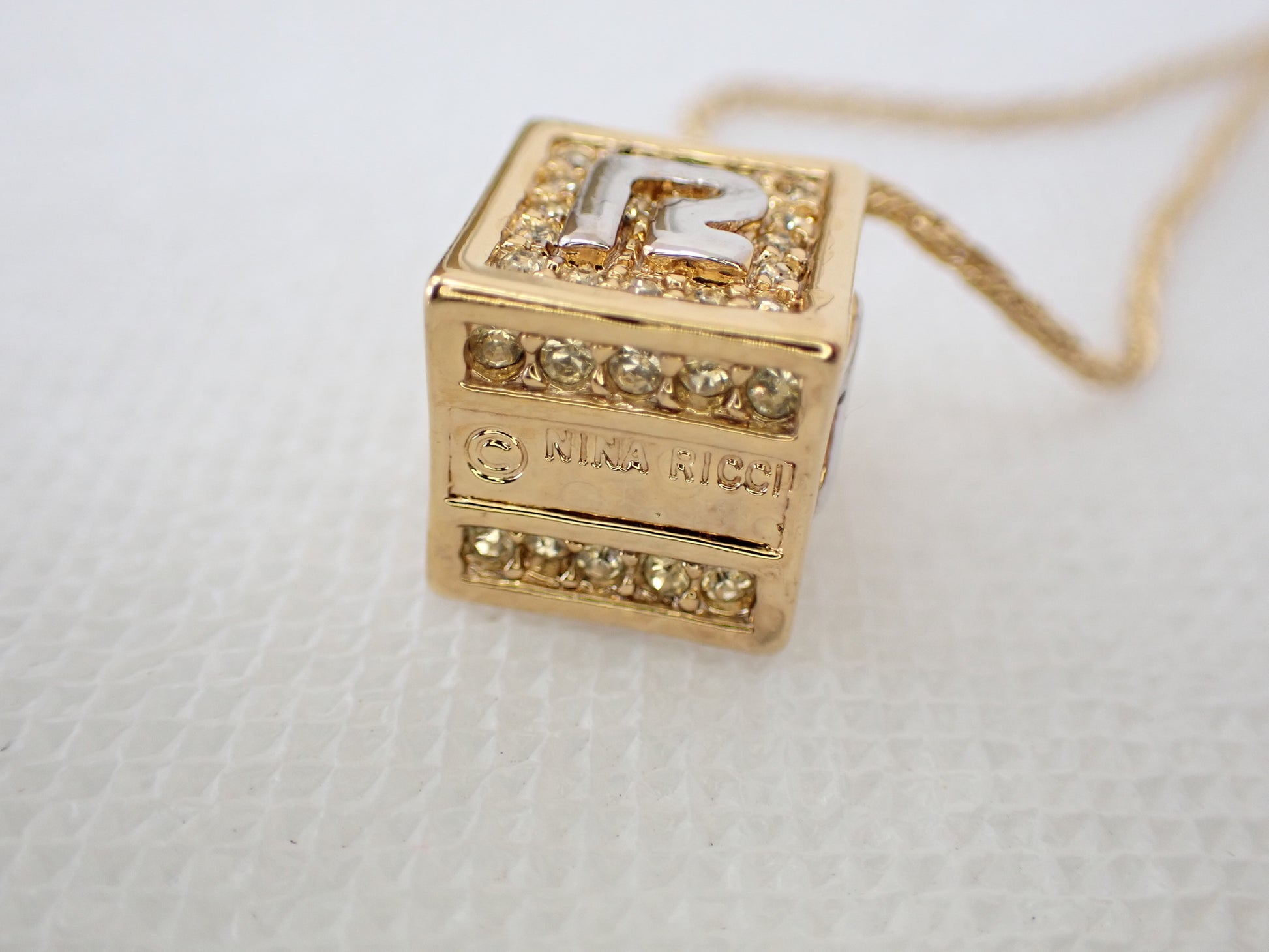 NINA RICCI NINA RICCI Nina Ricci Cube/Square Necklace with 3D Logo, Gold and Silver Combination Rhinestone Necklace