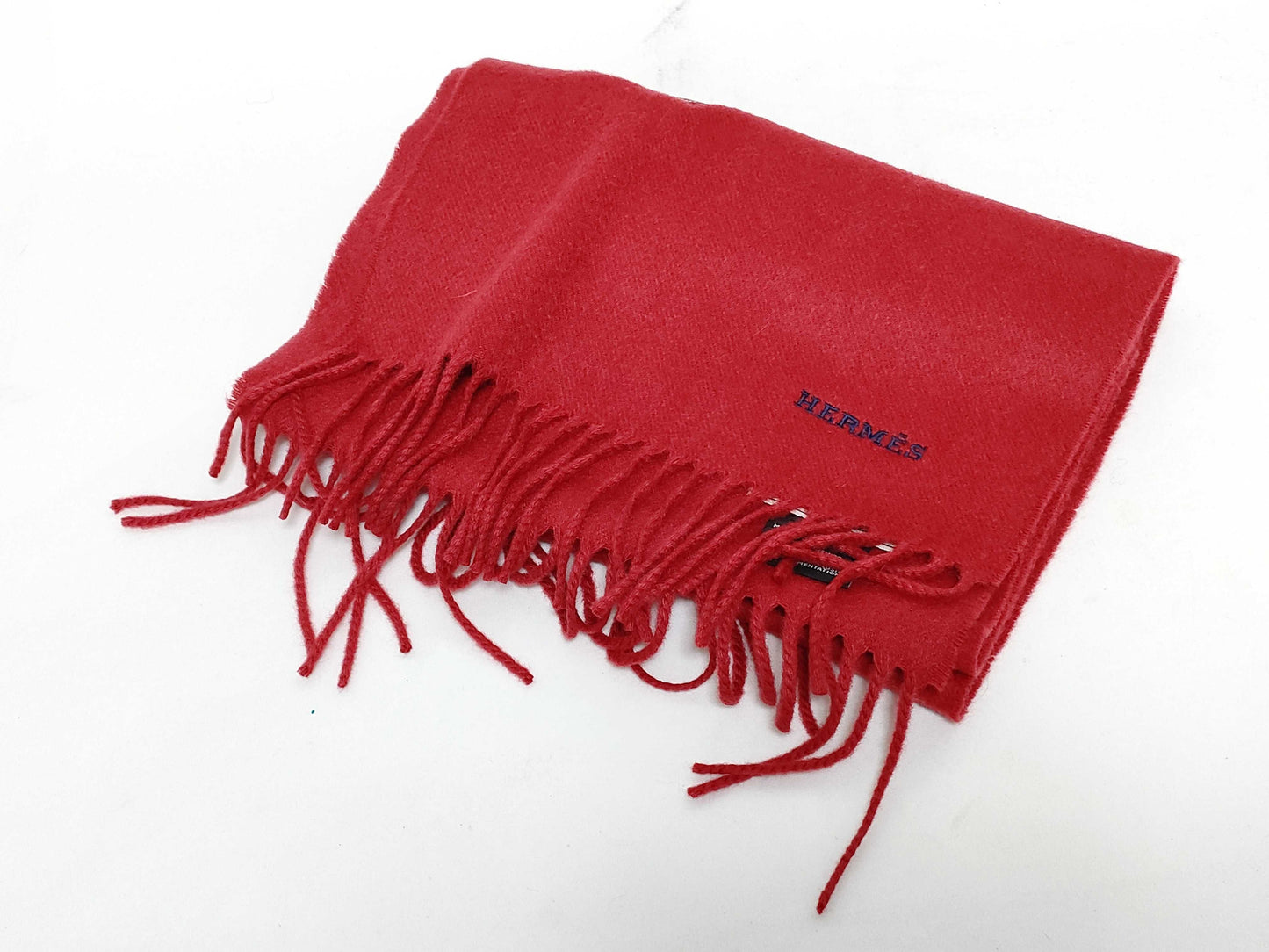 HERMES Muffler 100% Cashmere Logo Embroidered Muffler