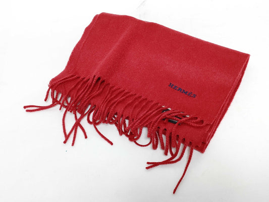 HERMES Muffler 100% Cashmere Logo Embroidered Muffler