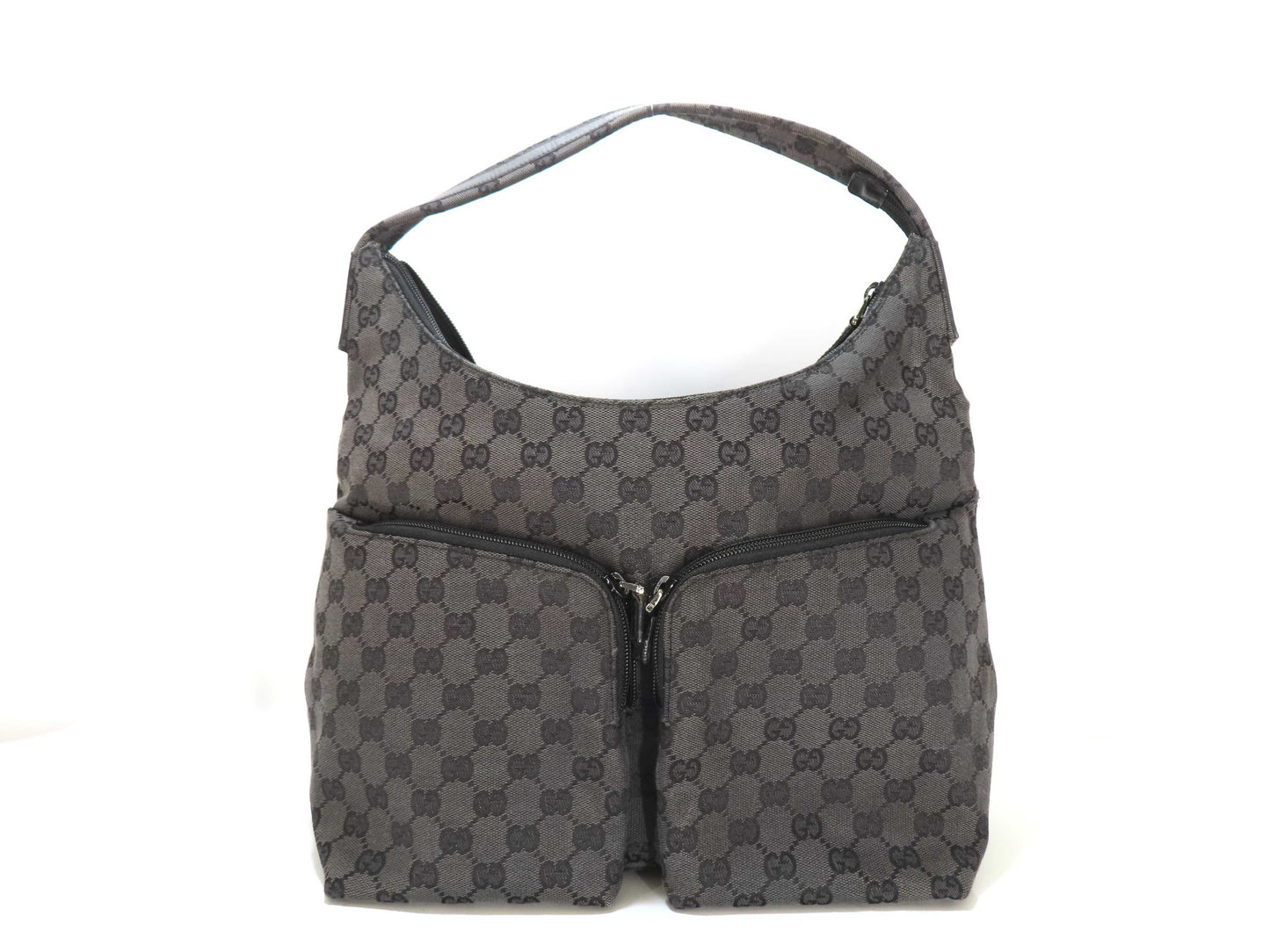 GUCCI GG Canvas Gucci One Shoulder Tote GG Canvas Black Front Pocket Handbag