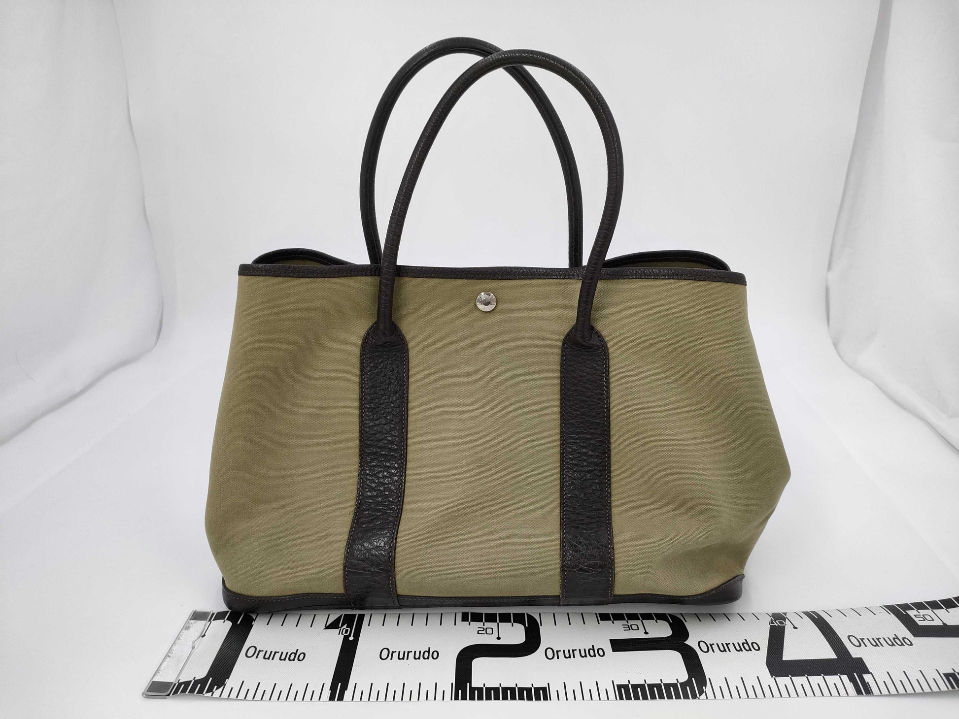 HERMES Garden Party PM Khaki Canvas T-Engraved Handbag