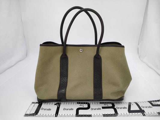 HERMES Garden Party PM Khaki Canvas T-Engraved Handbag