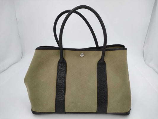 HERMES Garden Party PM Khaki Canvas T-Engraved Handbag