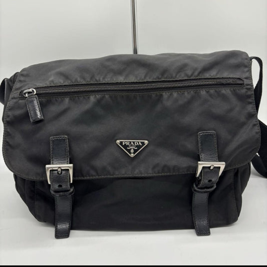 PRADA Prada Nylon and Leather Shoulder Bag in Black with Triangle Plate