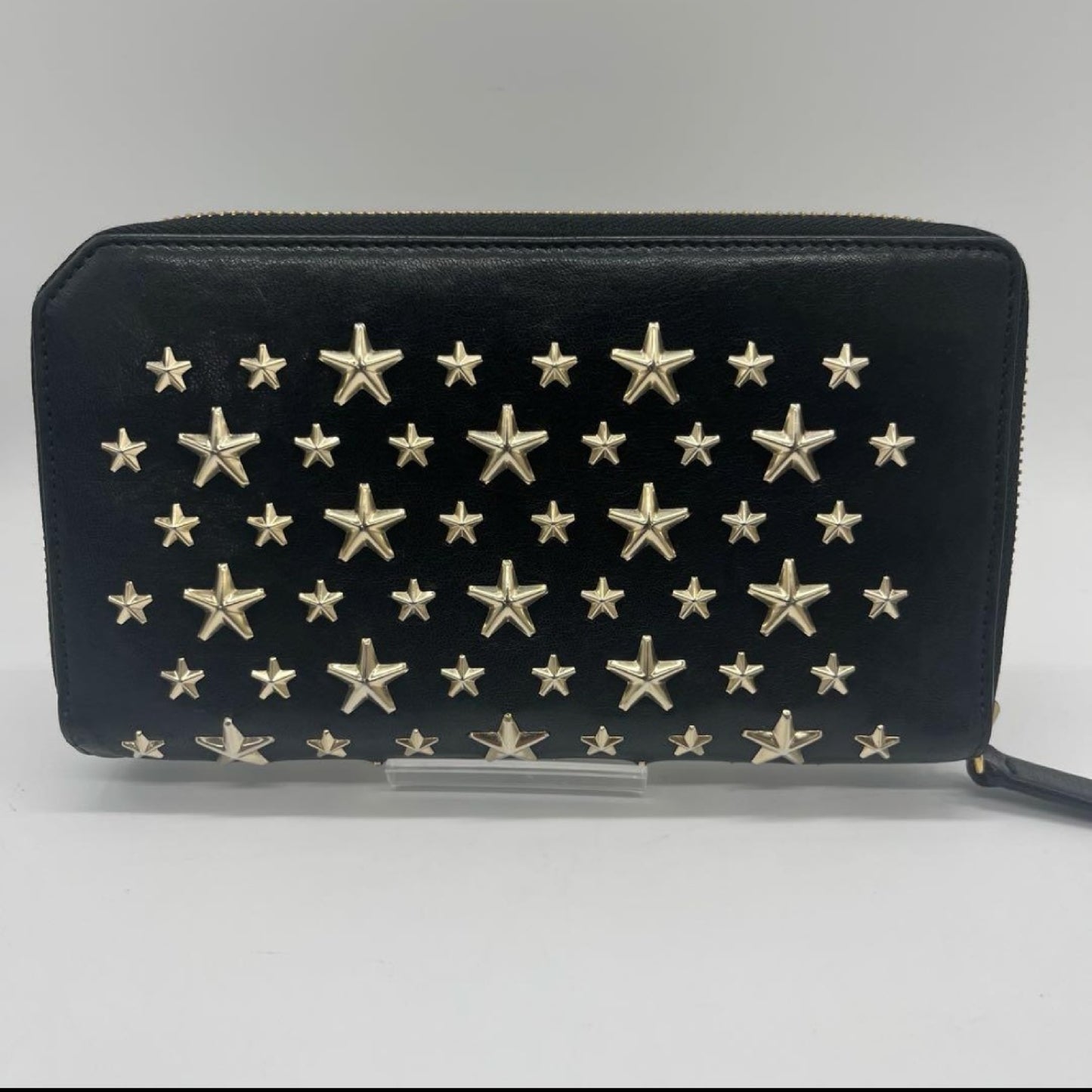 JIMMY CHOO Leather Studded Round Zip Leather Black Wallet
