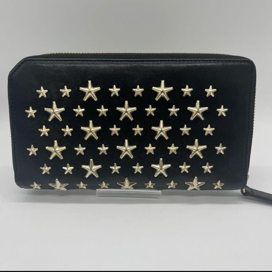 JIMMY CHOO Leather Studded Round Zip Leather Black Wallet