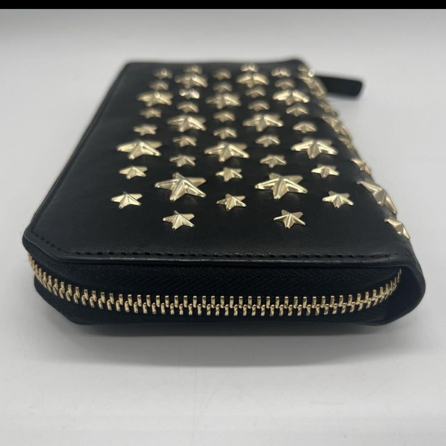 JIMMY CHOO Leather Studded Round Zip Leather Black Wallet