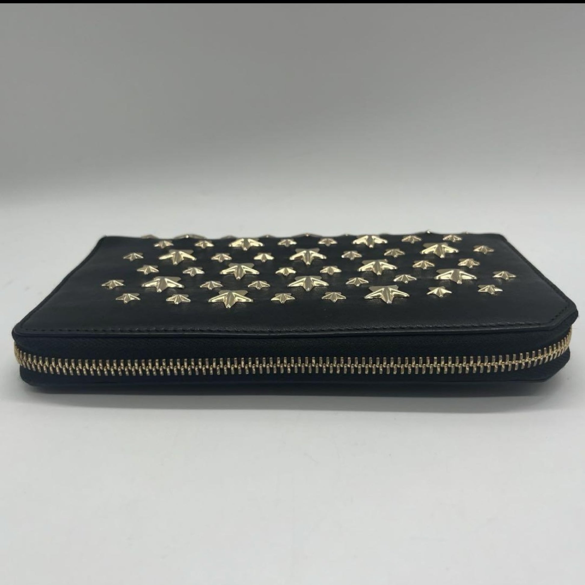 JIMMY CHOO Leather Studded Round Zip Leather Black Wallet