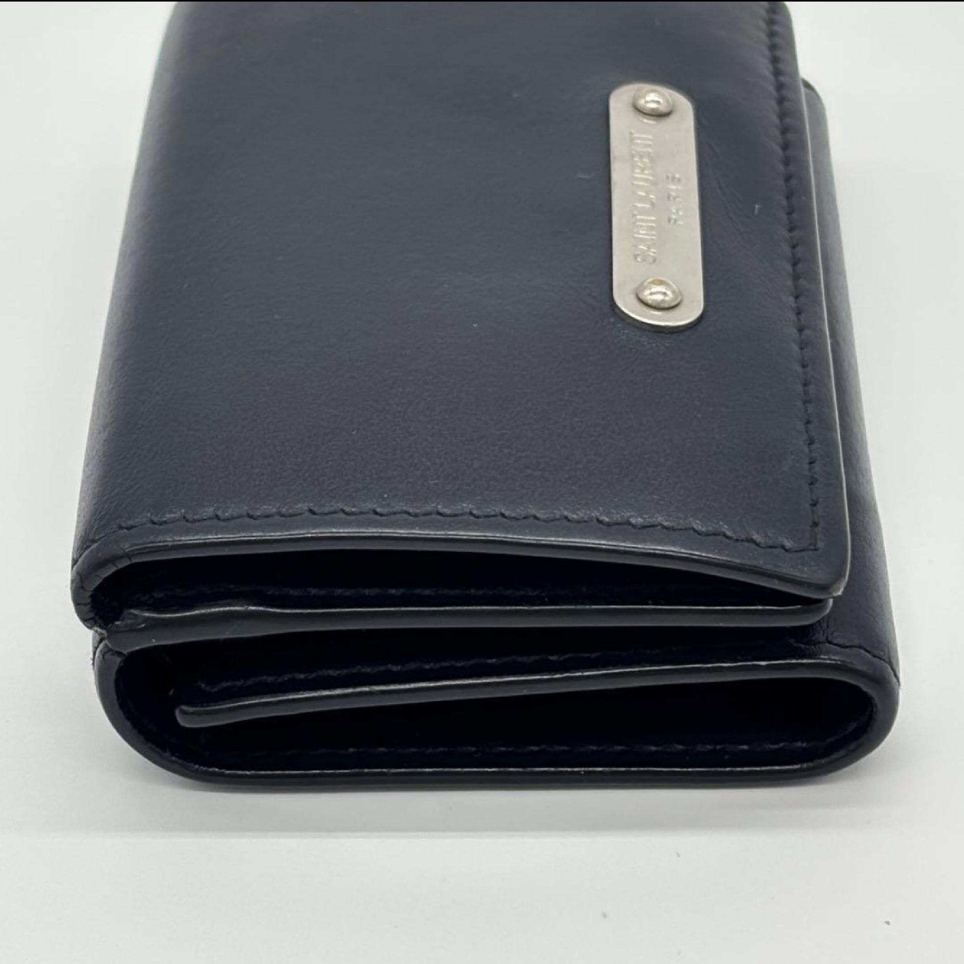 Yves Saint Laurent 3-Fold Compact Leather Wallet Navy Wallet