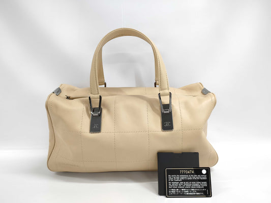 CHANEL CHANEL Chocolate Bar Mini Boston Bag, Calfskin/Beige/Silver/7 Series Handbag