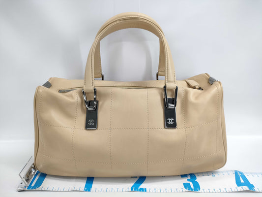 CHANEL CHANEL Chocolate Bar Mini Boston Bag, Calfskin/Beige/Silver/7 Series Handbag