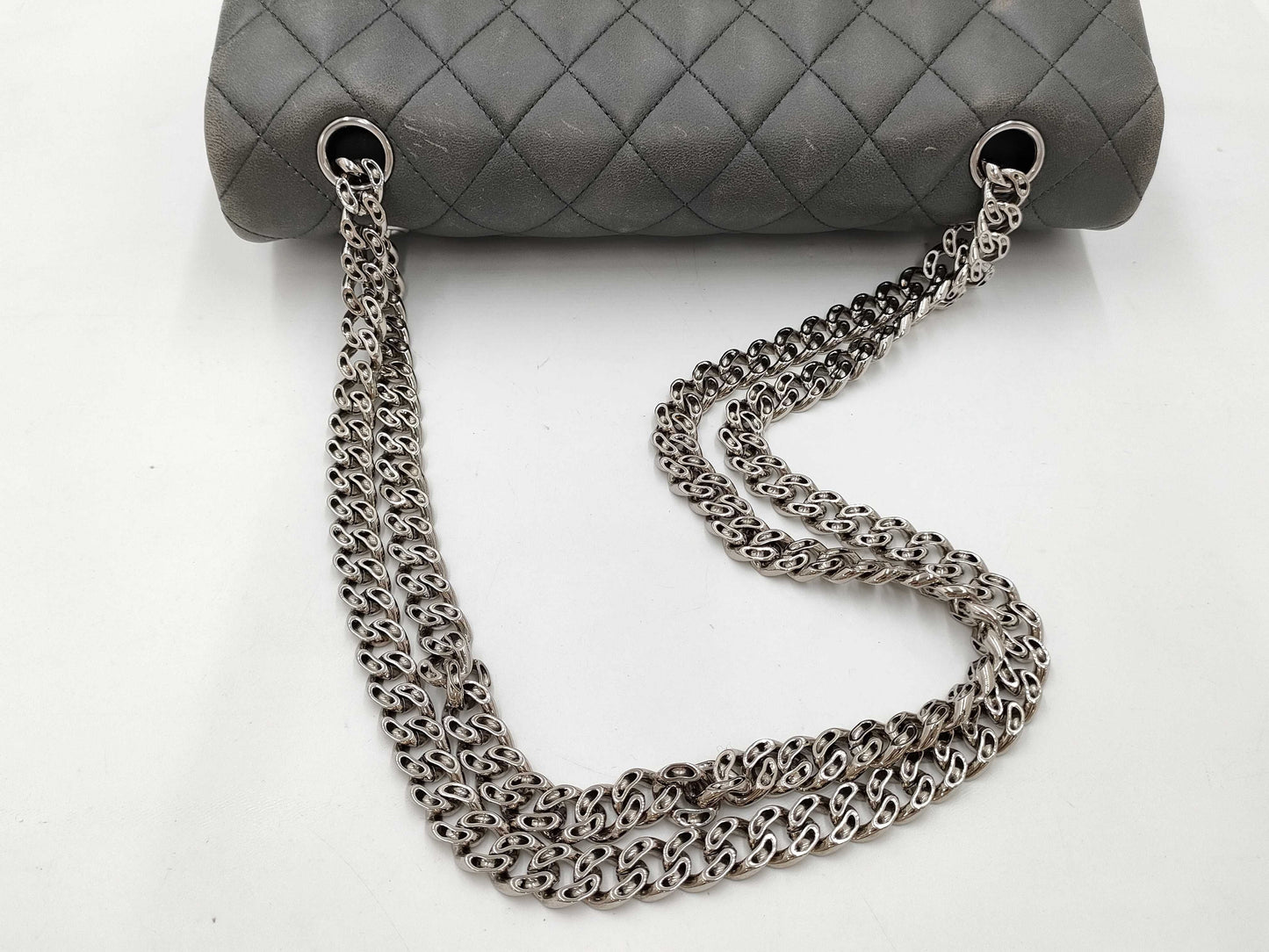 CHANEL Matelasse 25 Double Flap Lambskin Shoulder Bag in Lambskin, Gray, Silver, No. 11