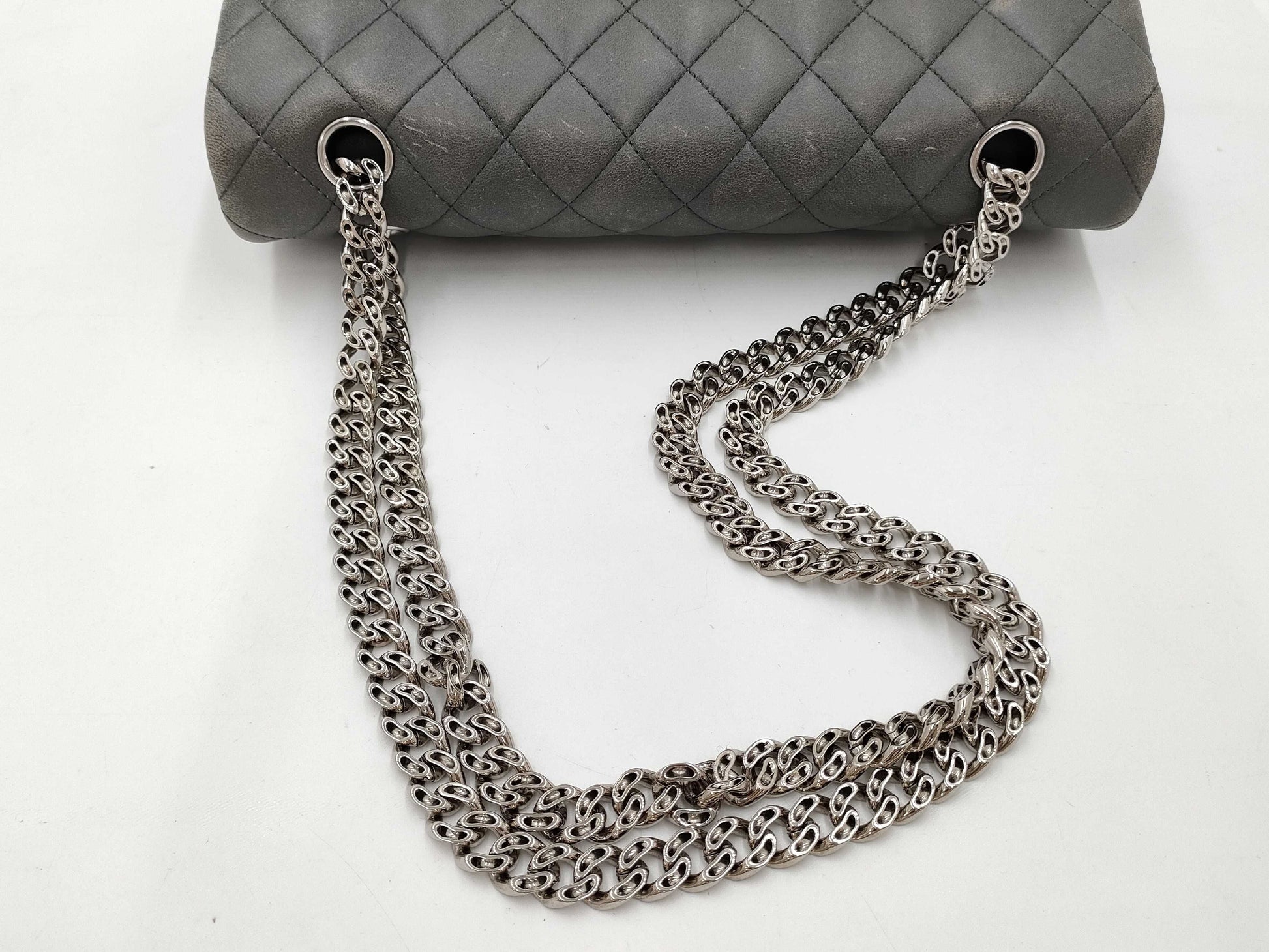 CHANEL Matelasse 25 Double Flap Lambskin Shoulder Bag in Lambskin, Gray, Silver, No. 11