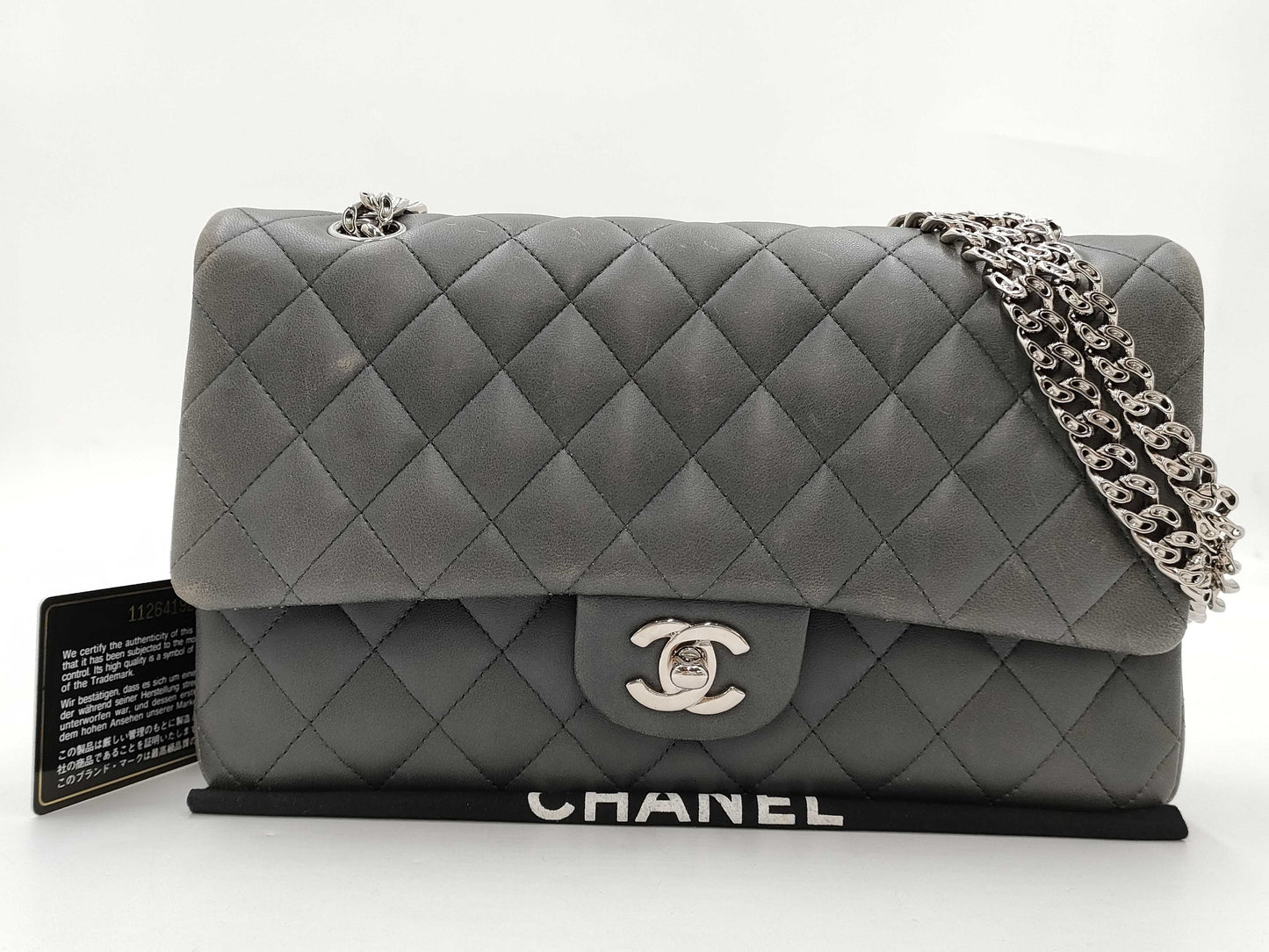 CHANEL Matelasse 25 Double Flap Lambskin Shoulder Bag in Lambskin, Gray, Silver, No. 11