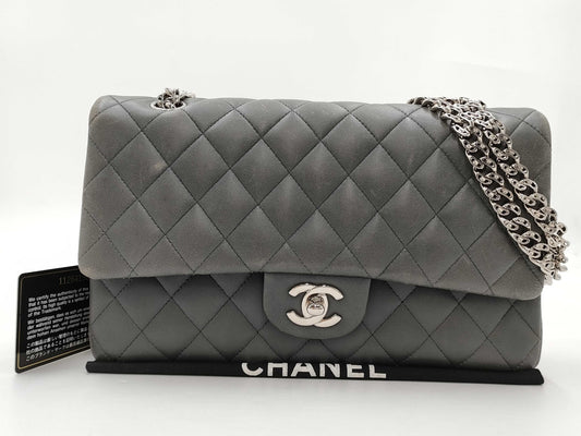 CHANEL Matelasse 25 Double Flap Lambskin Shoulder Bag in Lambskin, Gray, Silver, No. 11