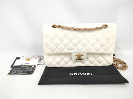 CHANEL Chain Shoulder Bag, Lamb, White