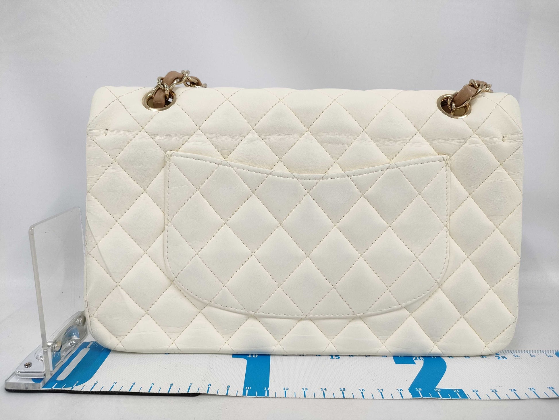 CHANEL Chain Shoulder Bag, Lamb, White