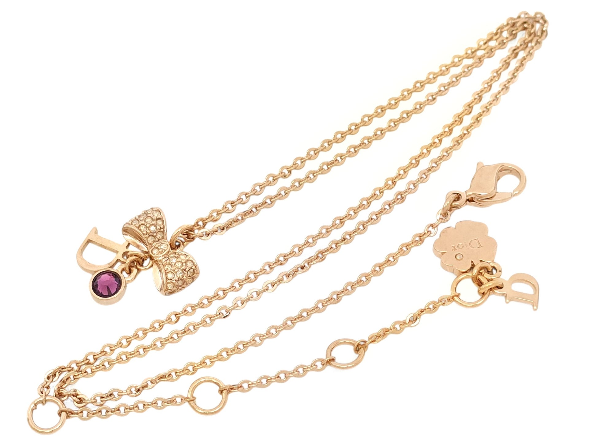 Dior Dior - Pink Gold Color - Ribbon Motif & Logo - Colored Stones - Pendant - Necklace - 5.8g Necklace