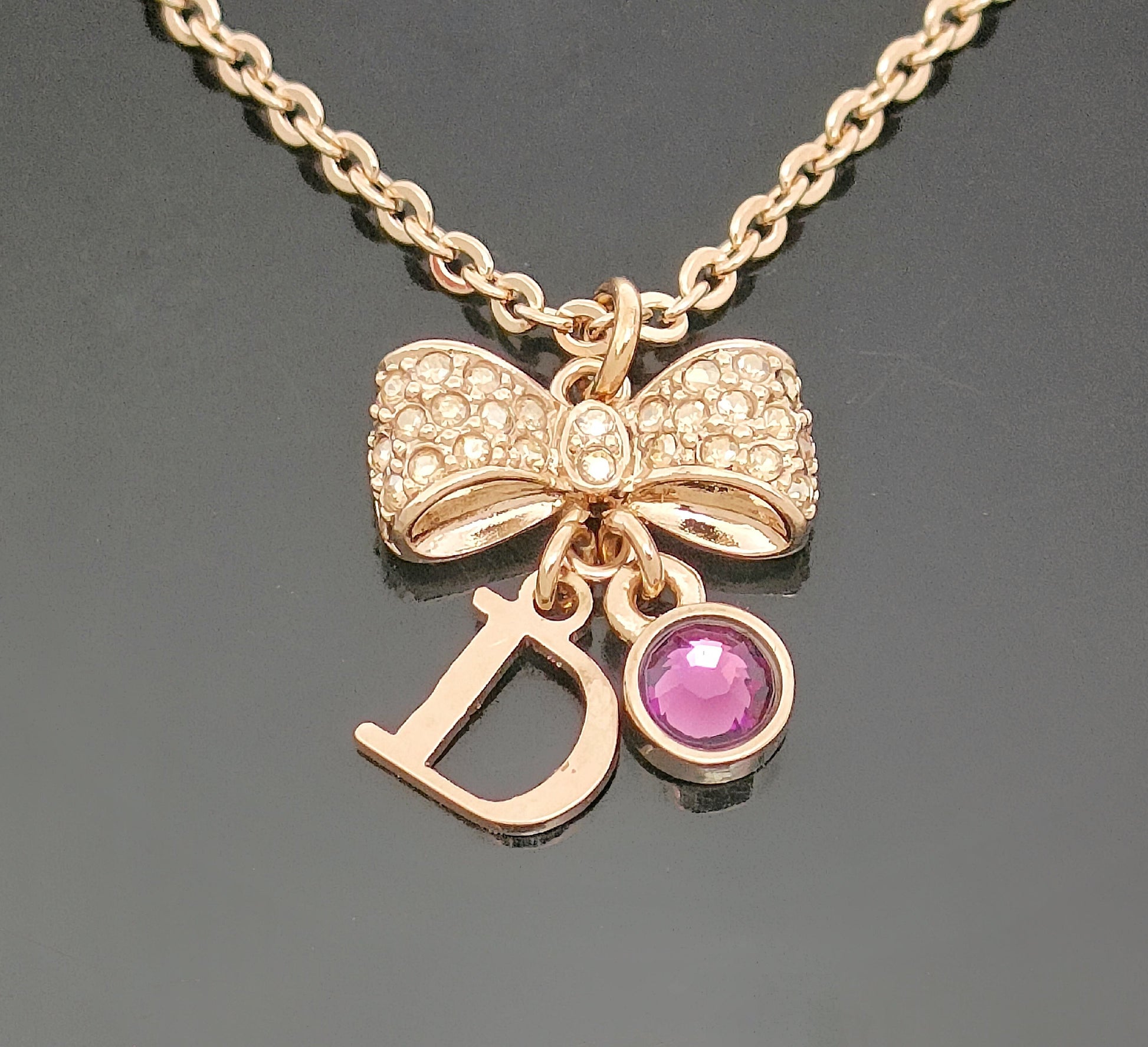 Dior Dior - Pink Gold Color - Ribbon Motif & Logo - Colored Stones - Pendant - Necklace - 5.8g Necklace