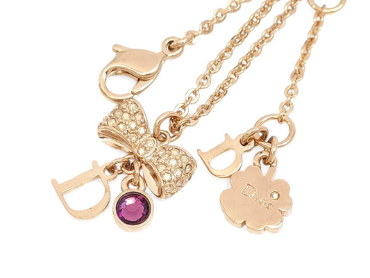 Dior Dior - Pink Gold Color - Ribbon Motif & Logo - Colored Stones - Pendant - Necklace - 5.8g Necklace