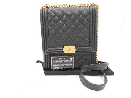 CHANEL Boy Chanel Caviar Leather Chain Shoulder Bag, Black, Card Included, No. 27