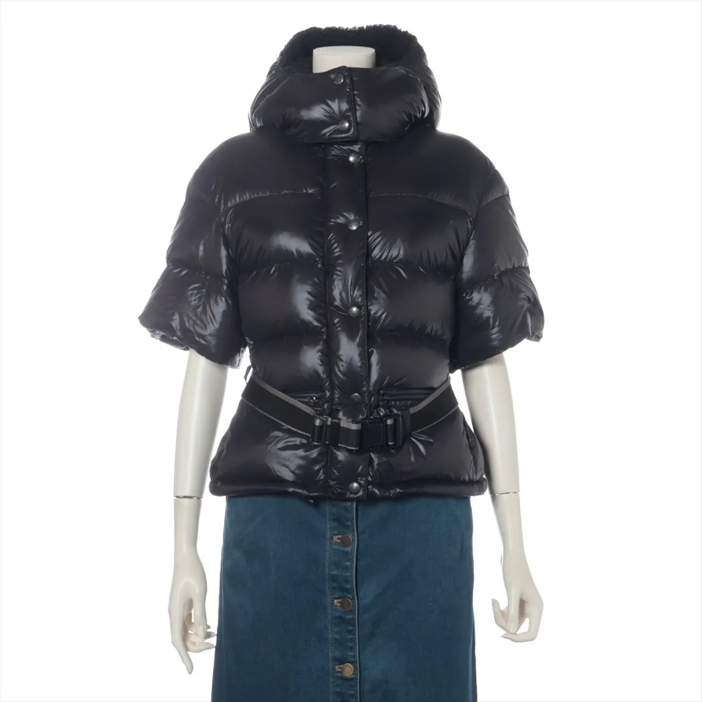 PRADA Down Jacket Size 40 Black 29C161 Logo Belt Removable Hood Jacket