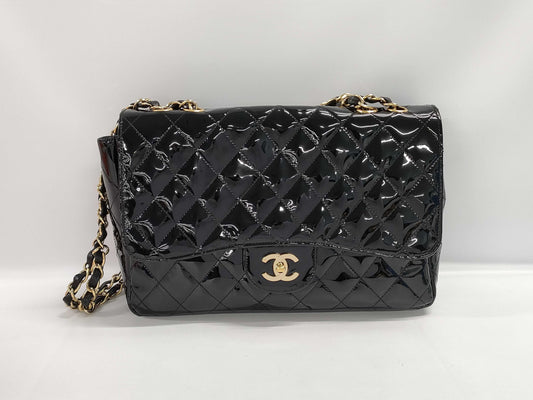 CHANEL Patent Deca Matelasse SW Chain Shoulder Bag, Size 12, GD Hardware, Black