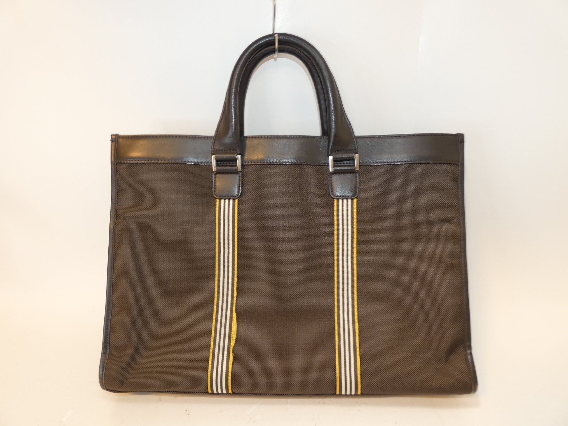 BURBERRY BLACK LABEL Striped Canvas and Leather Hand Tote Bag