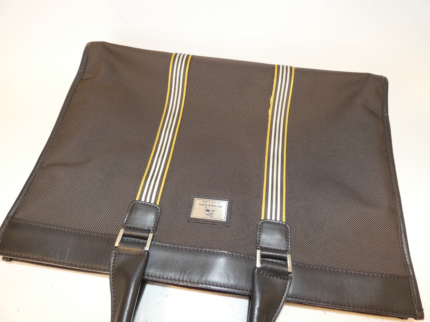 BURBERRY BLACK LABEL Striped Canvas and Leather Hand Tote Bag
