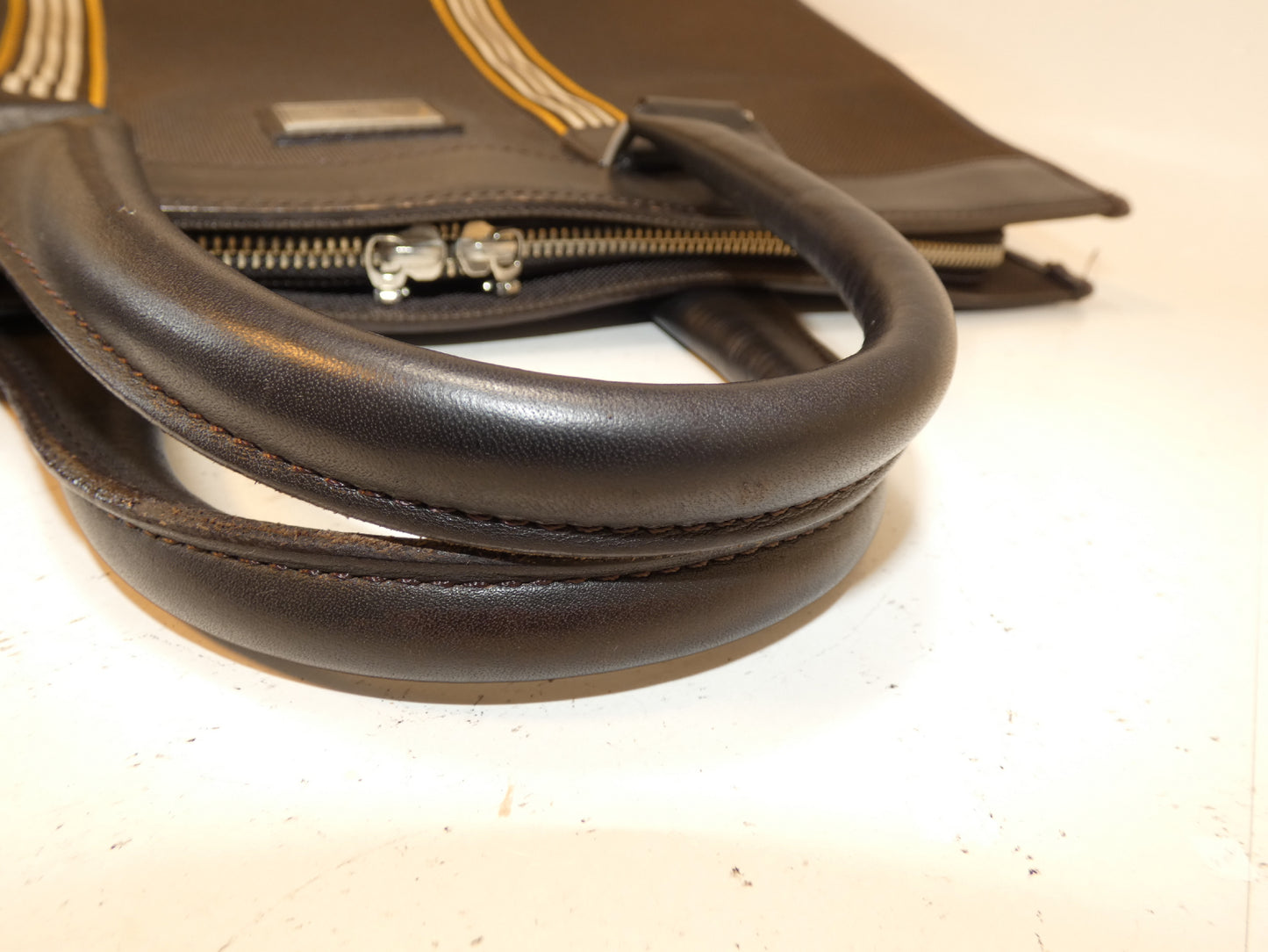 BURBERRY BLACK LABEL Striped Canvas and Leather Hand Tote Bag