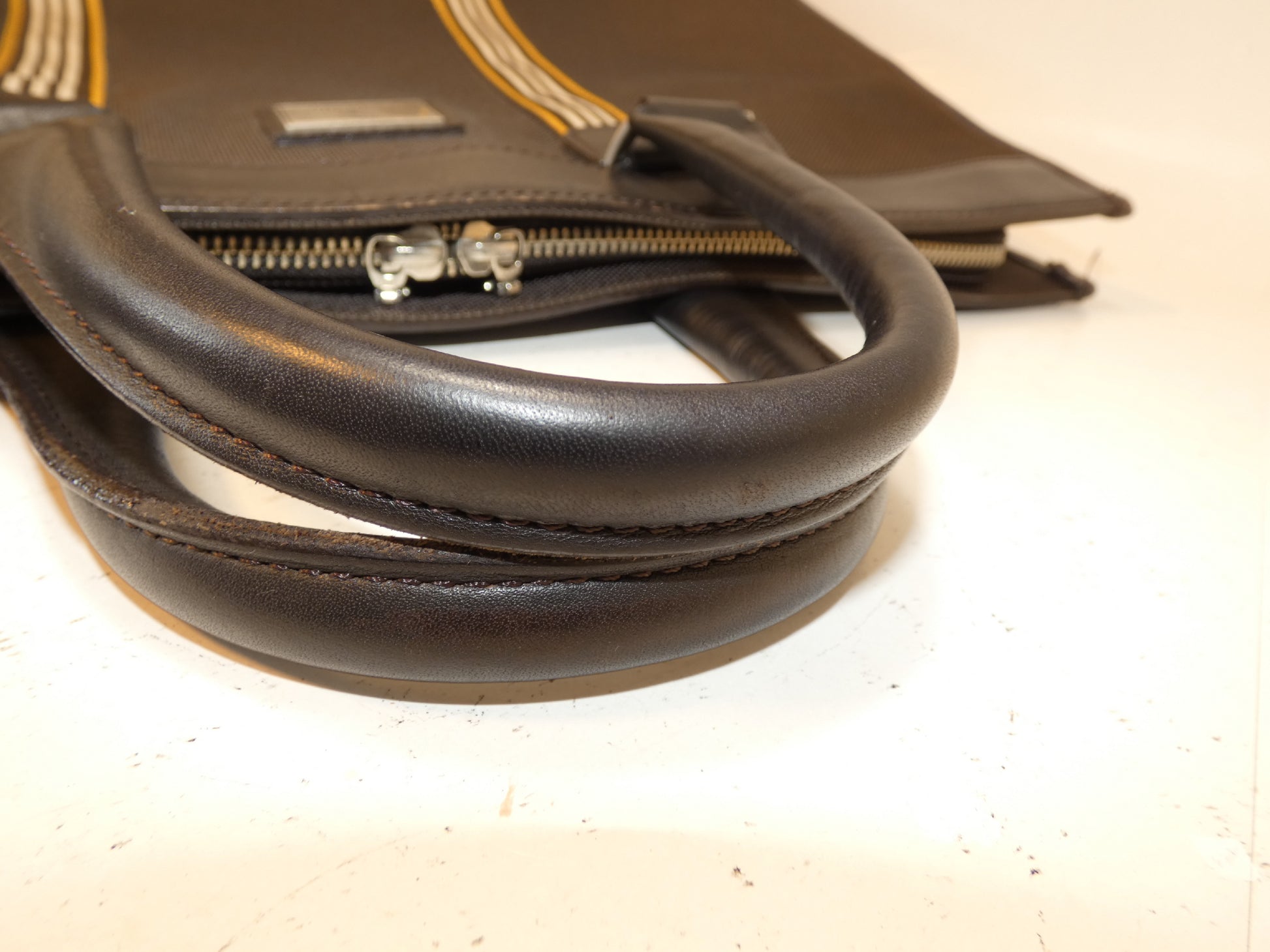 BURBERRY BLACK LABEL Striped Canvas and Leather Hand Tote Bag