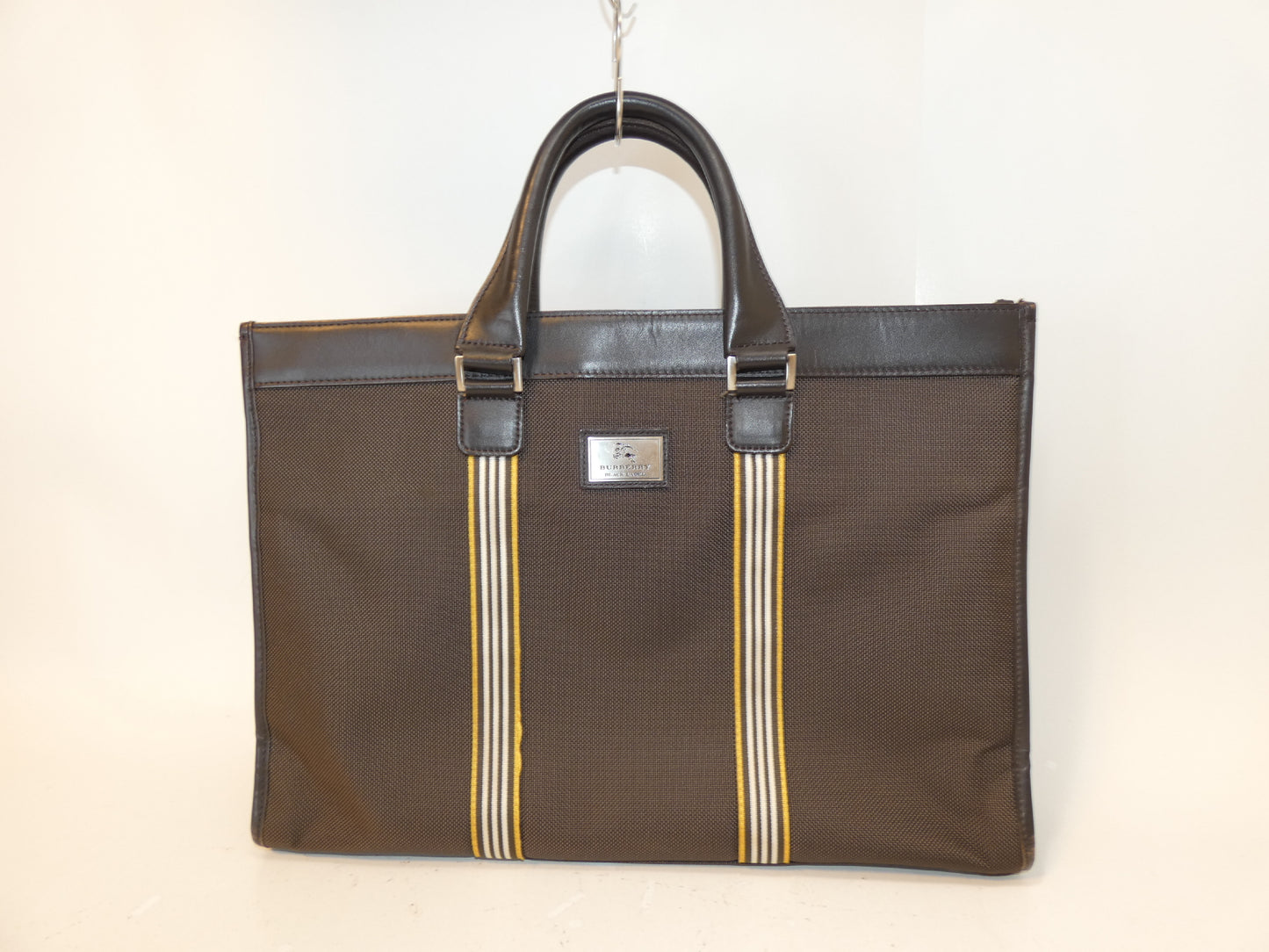 BURBERRY BLACK LABEL Striped Canvas and Leather Hand Tote Bag