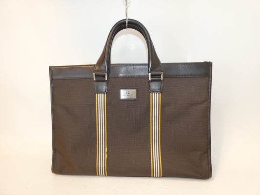 BURBERRY BLACK LABEL Striped Canvas and Leather Hand Tote Bag