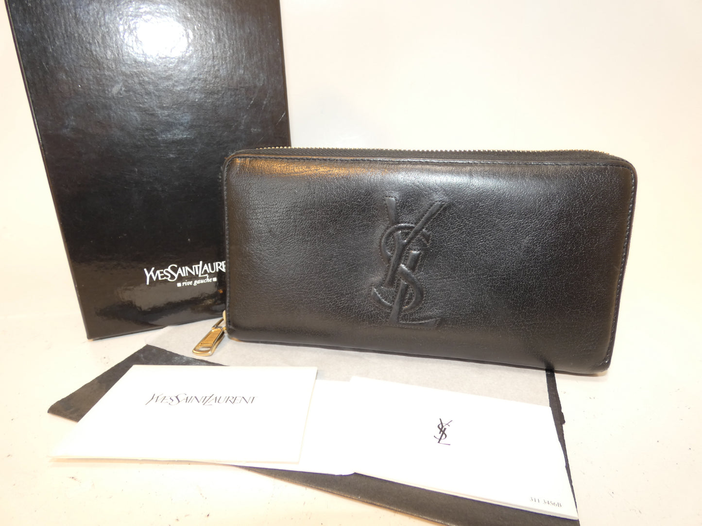 Yves Saint Laurent Front Logo Leather Black Long Wallet with Round Zipper