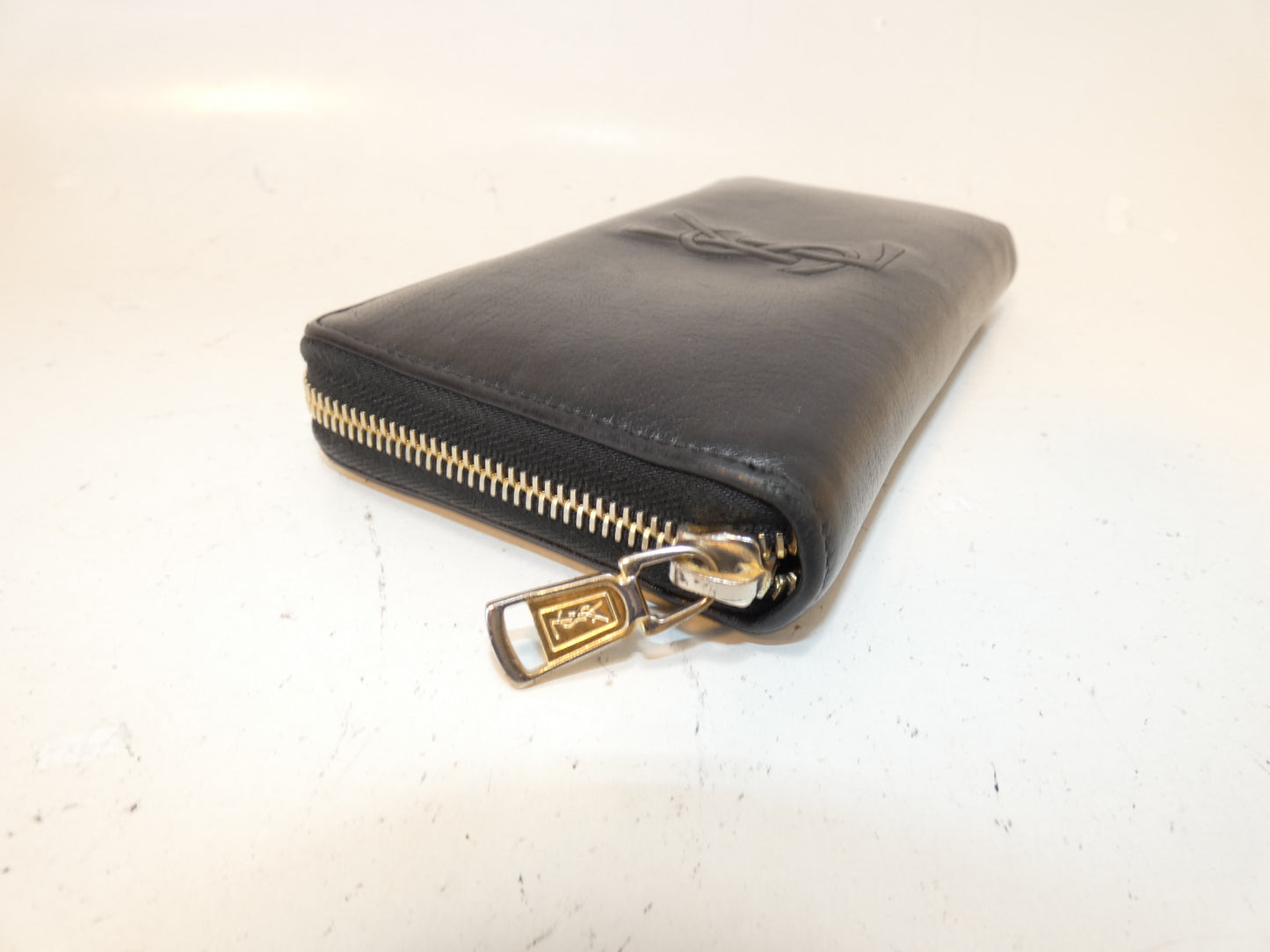 Yves Saint Laurent Front Logo Leather Black Long Wallet with Round Zipper