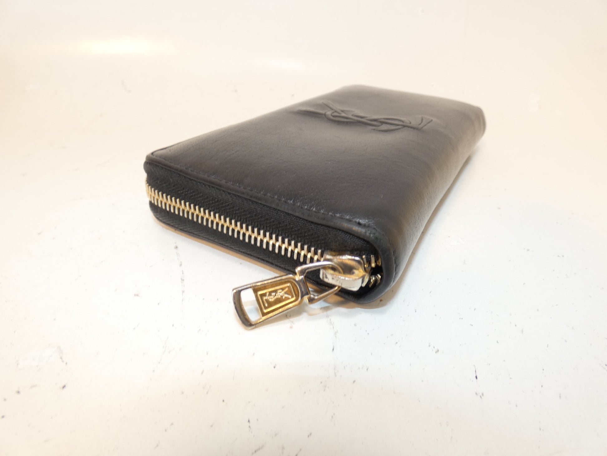 Yves Saint Laurent Front Logo Leather Black Long Wallet with Round Zipper