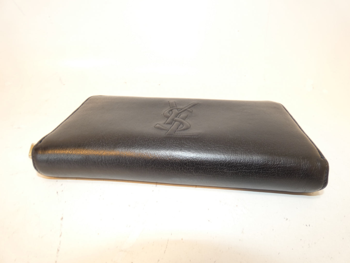 Yves Saint Laurent Front Logo Leather Black Long Wallet with Round Zipper