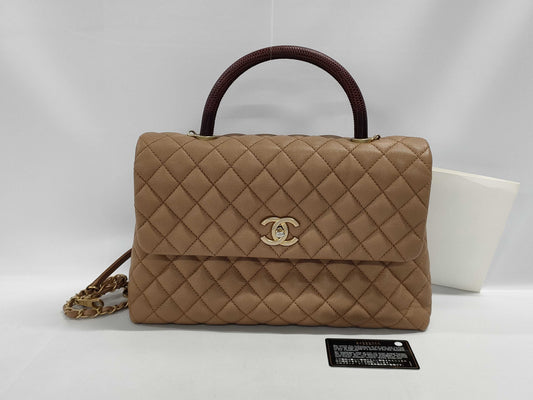 CHANEL CHANEL Handbag Large Top Handle Flap Bag / Coco Handle / Matelassé Grained Calfskin x Lizard with Matte Gold Hardware Shoulder Bag
