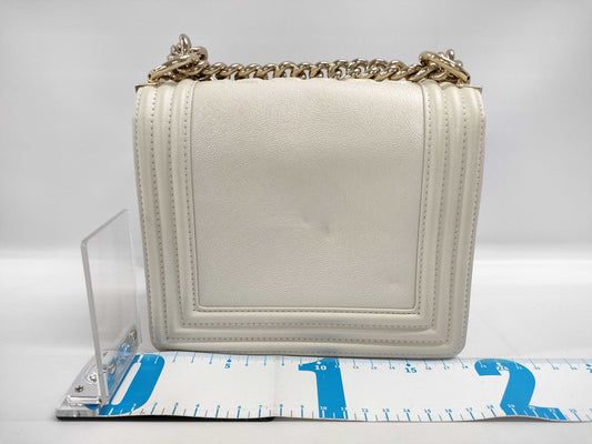 CHANEL CHANEL Boy Shoulder Bag Metallic White Caviar Skin Shoulder Bag
