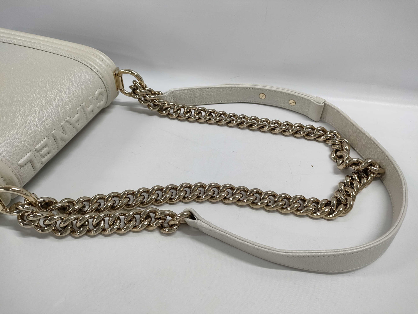 CHANEL CHANEL Boy Shoulder Bag Metallic White Caviar Skin Shoulder Bag
