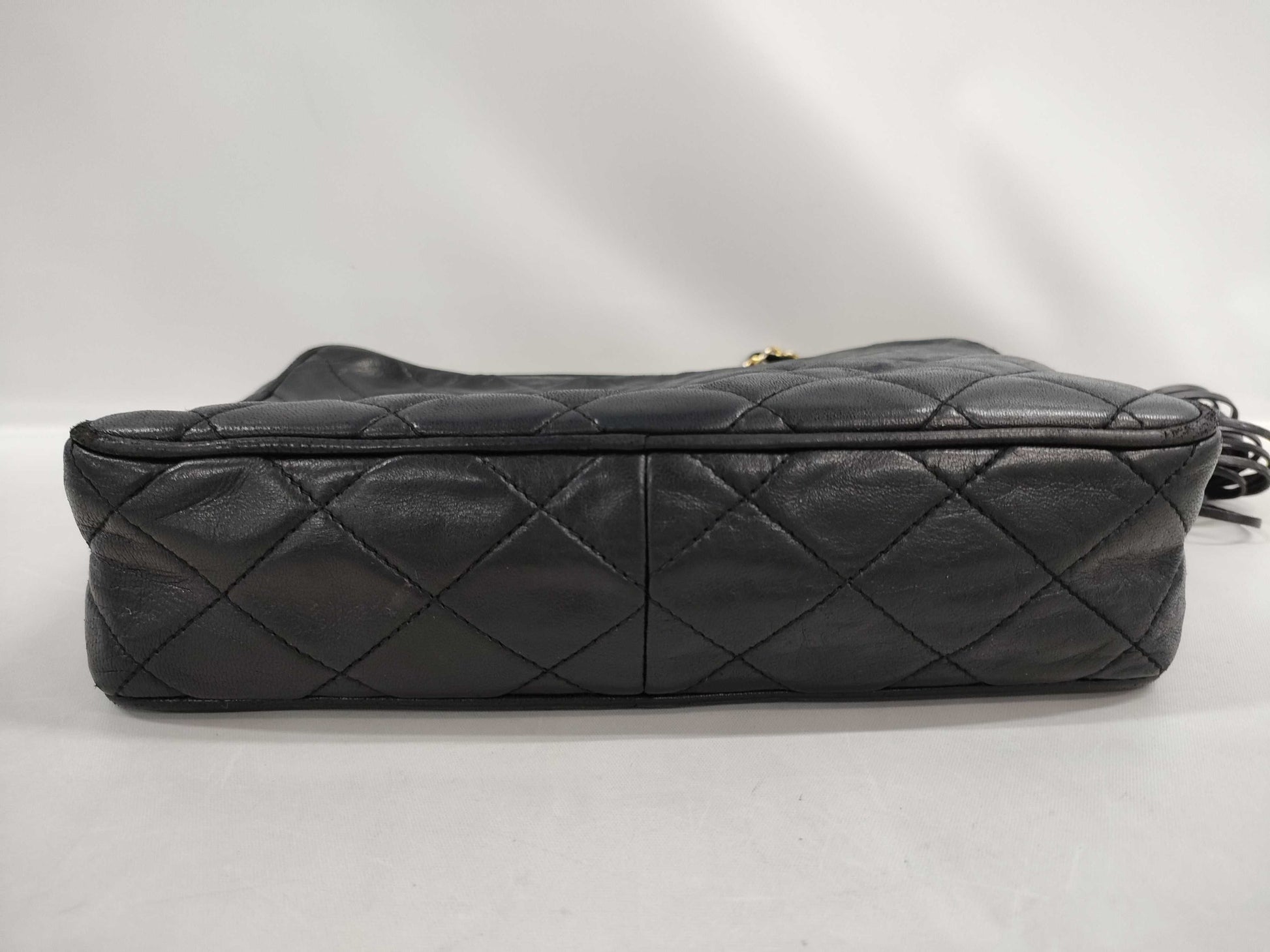 CHANEL Matelasse Lambskin Chain Shoulder Bag with Fringe, Black, and Gold Hardware, 1146182
